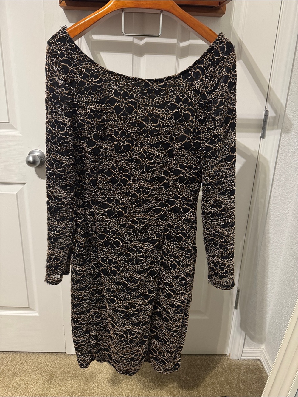 Black and Beige Lace-Overlay Long Sleeve Dress